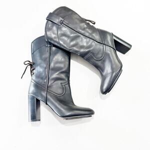 See by Chloe Black Lace Up Cowboy Leather Boots Mid Calf Lace Round Toe Size 38